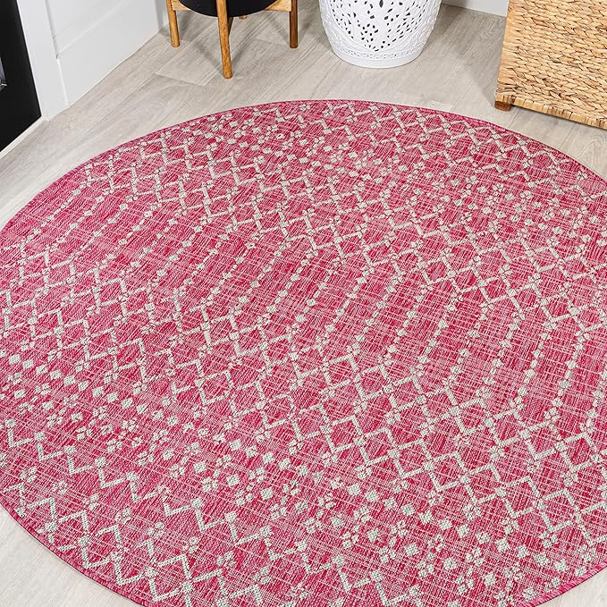 JONATHAN Y Moroccan Geometric Indoor Outdoor Round Area Rug 5 Ft Fuchsia/Light Gray, Ourika Textured Weave for Backyard, Patio, Porch, Easy-Cleaning, Pet-Friendly, Non-Shedding (SMB108Q-5R)
