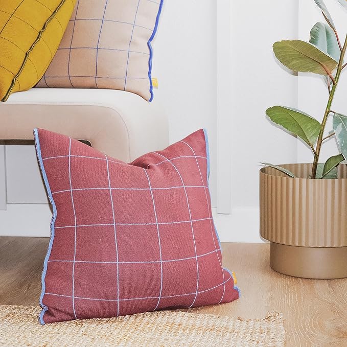 100% Soft Cotton Knitted Modern Window Pane Pillow Cover 18x18 (Burgundy, Maroon, & Vintage Wine)