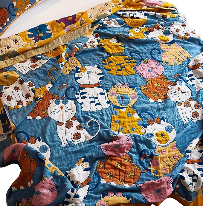 MEJU Kitty Cats Kids Child Muslin Blanket Throw Reversible Cover for Bed Sofa Couch, 100% Combed Cotton 4 Layer Soft Warm Quick Dry Throw Blanket Bed Coverlet Quilt Sheet Blue Twin 60 in x 80 in