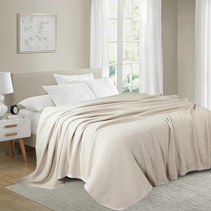 TreeWool Premium 100% Cotton Waffle Queen Blanket (90"x90", Stone) | Breathable Lightweight Moisture Wicking Soft Knit Thermal Blanket for Summer, Bed or Sofa All-season Comfort Machine Washable