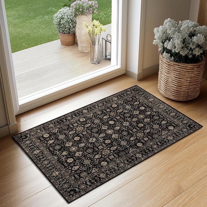 Ruaruarug Washable Area Rug 2x3 for Kitchen Entryway Living Room Bedroom, Ultra Soft Non Slip Stain & Fade Resistant, Pet & Kids Friendly, Suitable for High Traffic Areas Easy to Clean, Black Gold