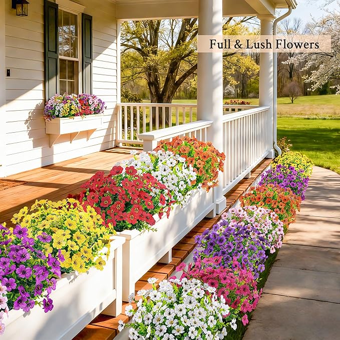 Der Rose 24 Bundles Artificial Flowers for Outdoor UV Resistant Faux Plants for Wedding Home Garden Patio Porch Spring Decor (8 Colors)