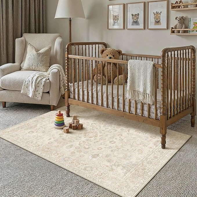 4x6 Beige Washable Area Rug for Living Room Bedroom Neutral Soft Floral Non Slip Thin Throw Rug Lightweight Vintage Low Pile Distressed Carpet Laundry Dining Room Entrance Office Playroom