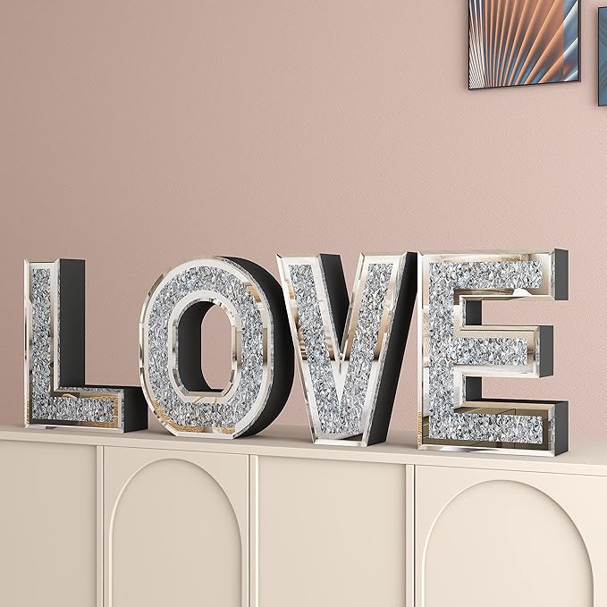 SHYFOY Love Letter Sign Living Room Decor, Mirrored Love Home Decoration for Tabletop & Wall-mount, Crystal Diamond Decorative Wall Mirrors Set for Wedding Centerpiece, Independent (4 PCS)