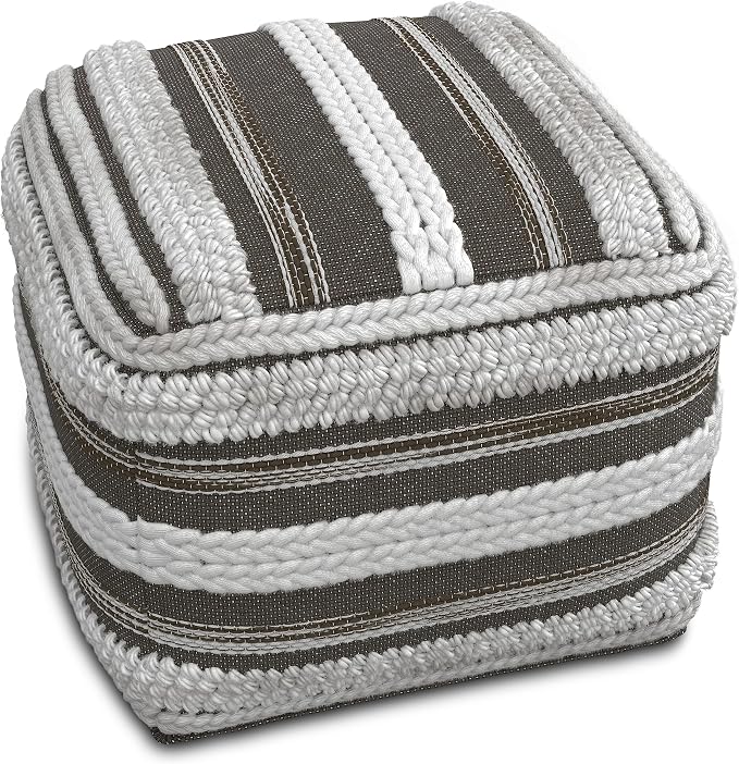 SIMPLIHOME Sommer Boho Square Pouf in Natural/Taupe Grey Handloom Woven Pattern for the Living Room, Bedroom and Kids Room