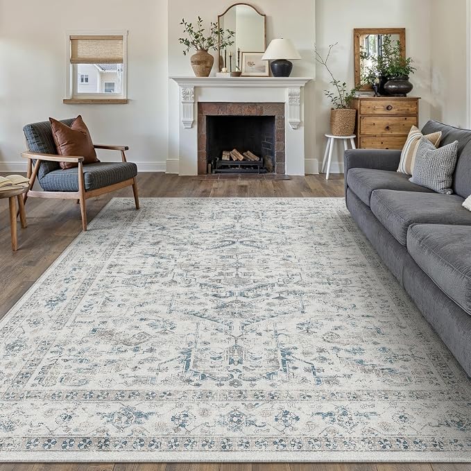 PureCozy Blue 8x10 Area Rug Vintage Washable Living Room Carpet Non Slip Bedroom Indoor Office Low Pile Large Traditional Distressed Retro Accent Rug for Dining Room Bathroom Kitchen