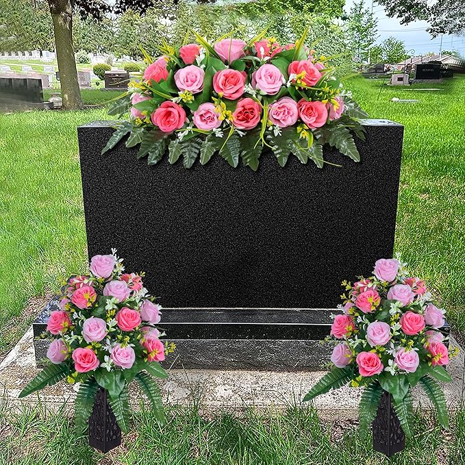 DONODA 2 Sets of Artificial Cemetery Flowers， Outdoor Grave Decorations Roses，Accompanied by 2 Long Nail Vases，Lasting and Non-Bleed Colors. (18 Heads (Pink+Light Pink))