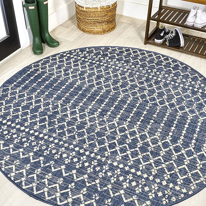 JONATHAN Y Moroccan Geometric Indoor Outdoor Round Area Rug 6 Ft Navy/Beige, Ourika Textured Weave for Backyard, Patio, Porch, Easy-Cleaning, High Traffic, Pet-Friendly, Non-Shedding (SMB108K-6R)
