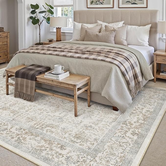 PureCozy Taupe Area Rug 7x10 Machine Washable Vintage Living Room Distressed Non Slip Carpet Traditional Indoor Bedroom Retro Floral Accent Throw Large Rug for Office Kitchen Dining Room