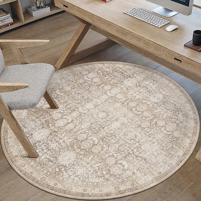 5R Beige Washable Neutral Area Rug for Living Room Floral Non Slip Low Pile Round Rug Indoor Vintage Traditional Stain Resistant Distressed Carpet Bedroom Nursery Classroom Office Playroom