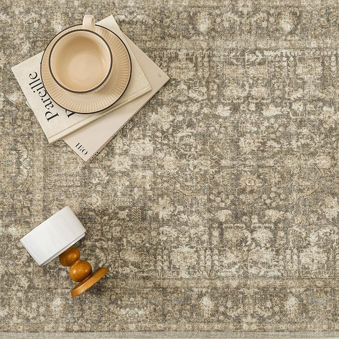 PureCozy Brown Area Rug 8x10 Machine Washable Large Vintage Living Room Distressed Non Slip Carpet Traditional Indoor Bedroom Retro Floral Accent Throw Rug for Office Kitchen Dining Room