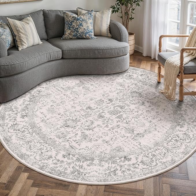 PureCozy Grey Round Area Rug 6ft Entryway Door Mat Small Circle 6x6 Kitchen Vintage Carpet Non Slip Indoor Bedroom Washable Distressed Floral Retro Accent Throw Rug Office Bathroom