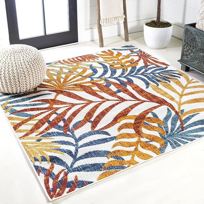 JONATHAN Y Tropics Palm Indoor Outdoor Square Area Rug 5X5 Cream/Orange | Ships Rolled, Durable Flat Weave, Lays Flat for Backyard, Patio, Porch, Easy-Cleaning, High Traffic,Pet-Friendly,Non-Shedding