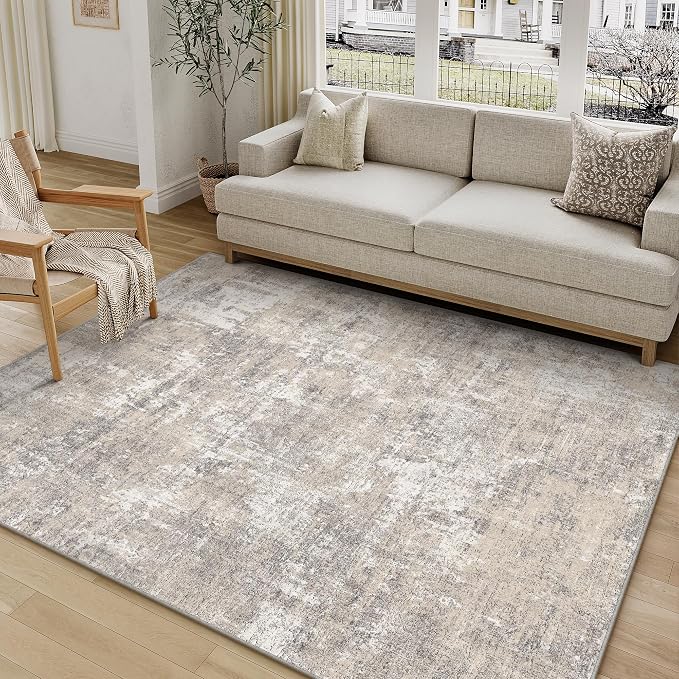 PureCozy Machine Washable Area Rug 5x7 Beige Gray Large Living Room Indoor Accent Rug Neutral Modern Abstract Low Pile Carpet Non Slip Distressed Throw Rug Bedroom Office Dining Room Kitchen Laundry