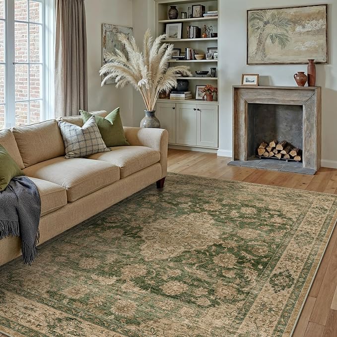HUGEAR Retro Green Area Rug 10x14 Machine Washable Living Room Rugs Distressed Vintage Floral Low Pile Carpet Bedroom Office Dining Room Laundry Room Non Slip Soft Lightweight