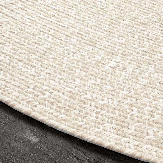 Superior Indoor/Outdoor Area Rug, Dual-Tone Reversible Braided Floor Decor for Patio, Front Porch, Entryway, Living Room, Office, Nursery, Artistic Home, 6' Round, Cream-White