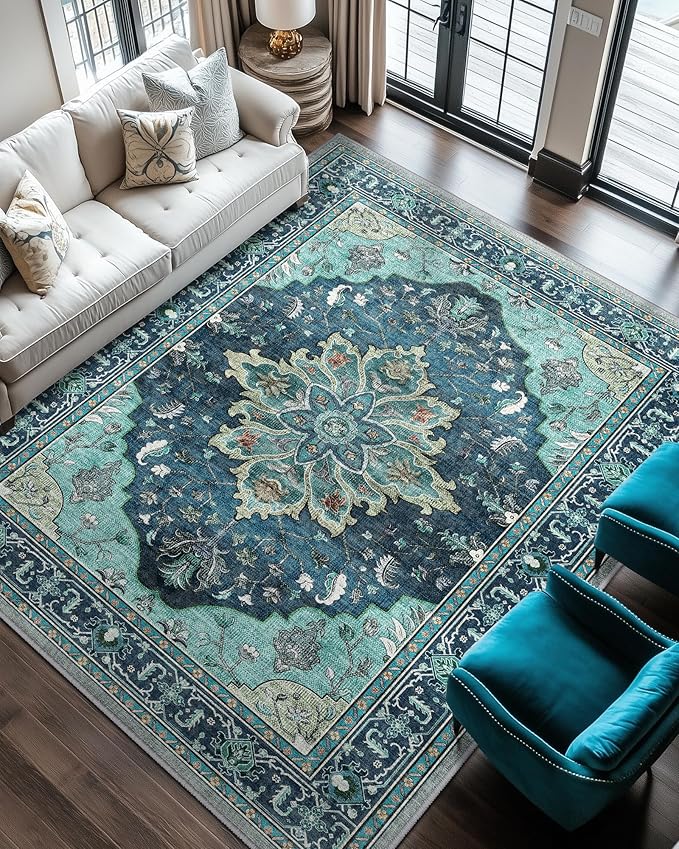 RELEANY Area Rugs 6'x9' Washable Non-Slip, Floral Vintage Distress Print Pattern Medallion Carpet for Living Room Bedroom Dining Room, Teal Green Lake Blue Turquoise