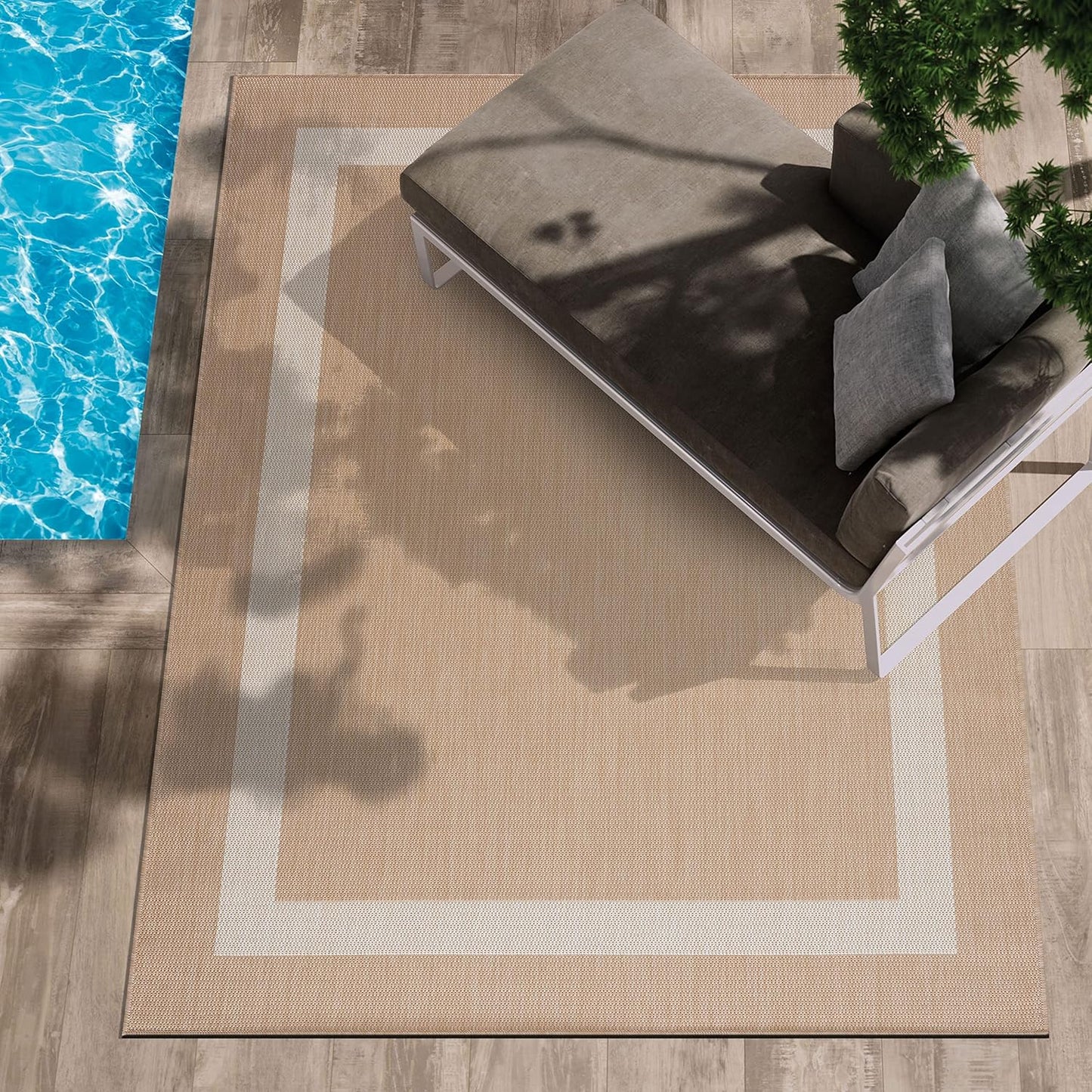 CAMILSON Outdoor Rug 9x12, Large Modern Outside Rugs for Patios Porches Waterproof Durable Washable Non-Shedding, Easy-to-Clean Indoor Outdoor Area Carpet (9 x 12, Bordered - Beige/White)