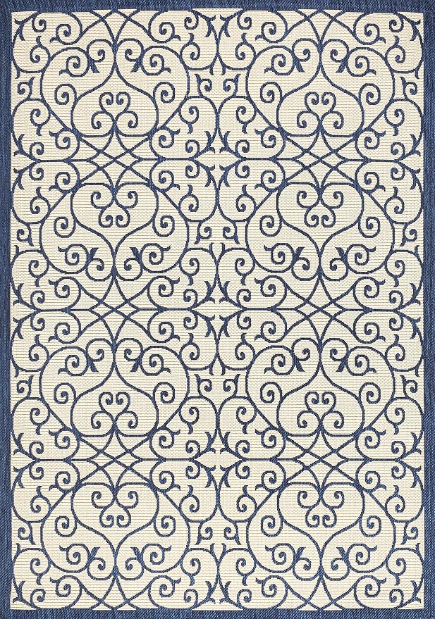 JONATHAN Y Vintage Filigree Indoor Outdoor Area Rug 5X8 Navy/Beige, Madrid Textured Weave for Backyard, Patio, Porch, Easy-Cleaning, High Traffic, Pet-Friendly, Non-Shedding (SMB107G-5)