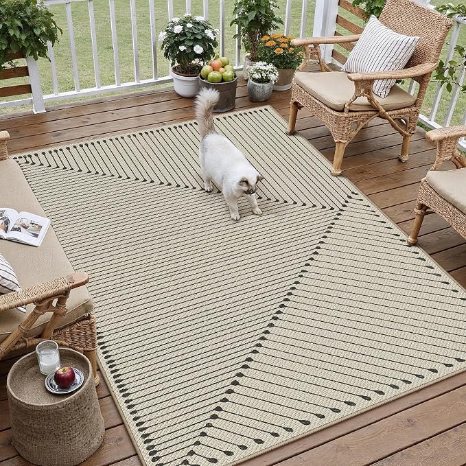 HUGEAR 3'x5' Outdoor Rug Black Geometric Waterproof Patio Rugs Linen-Look Modern Area Rug Outside Floor Mat for Camping RV Deck Porch Balcony Backyard Beach Picnic Carpet Decor
