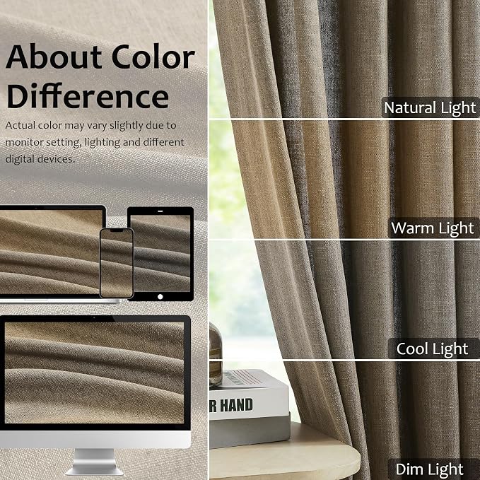 Café Brown Pinch Pleat Light Filtering Curtain Panel with Microfiber Liner 84 Inches for Living Room, Linen Blended Textured Window Treatment Drape for Bedroom with Back Tabs Hooks, 40"Wx84"Lx2