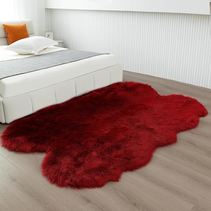 Faux Fur Rug Red Fluffy Sheepskin Area Rug,Ultra Soft Shaggy Plush Rug Bedroom Living Room Sofa Floor Kids Room Bedside（4 x 6 ft Sheepskin）