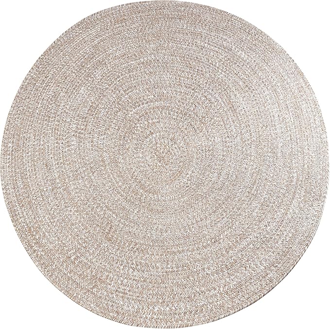 SUPERIOR Indoor/Outdoor Area Rug, Dual-Tone Reversible Braided Floor Decor for Patio, Front Porch, Entryway, Living Room, Office, Nursery, Artistic Home, 4' Round, Latte-White