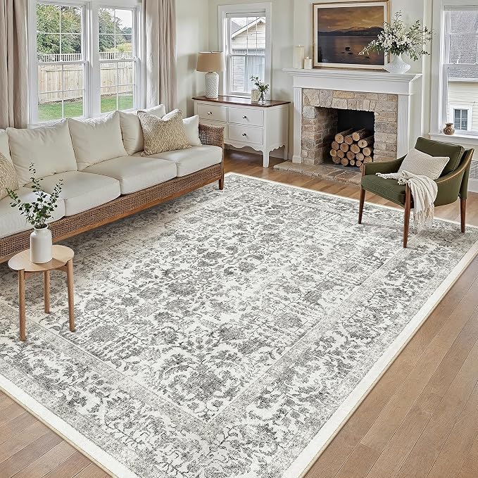 PureCozy Black Area Rug 10x12 Machine Washable Large Vintage Living Room Distressed Non Slip Carpet Traditional Indoor Bedroom Grey Retro Floral Accent Throw Rug for Office Kitchen Dining Room