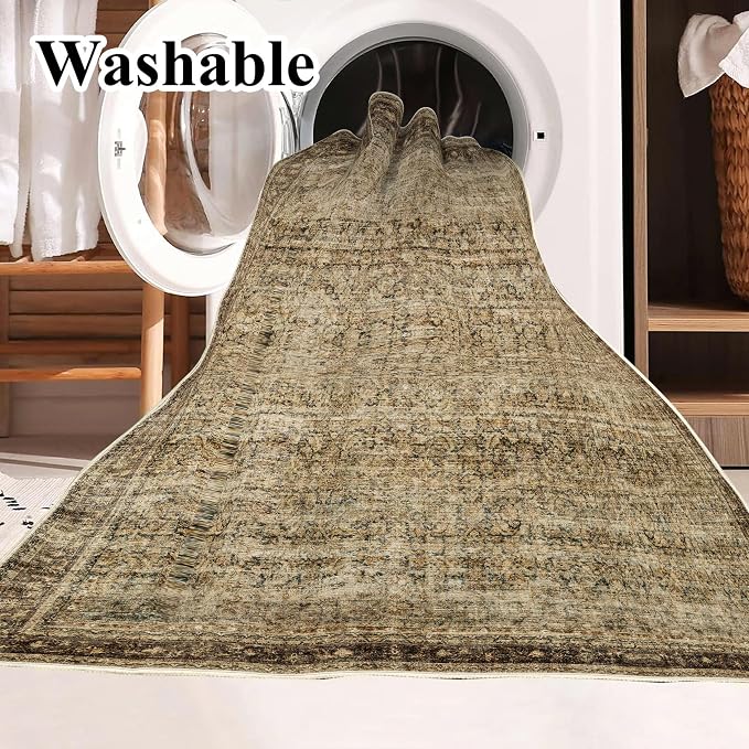 CHAMPLANT Area Rug 4x6 Washable Rug Brown Vintage Traditional Floor Cover Foldable Thin Retro Kitchen Accent Indoor Distressed Non Slip Carpet Floral Print Mat Bedroom Living Room