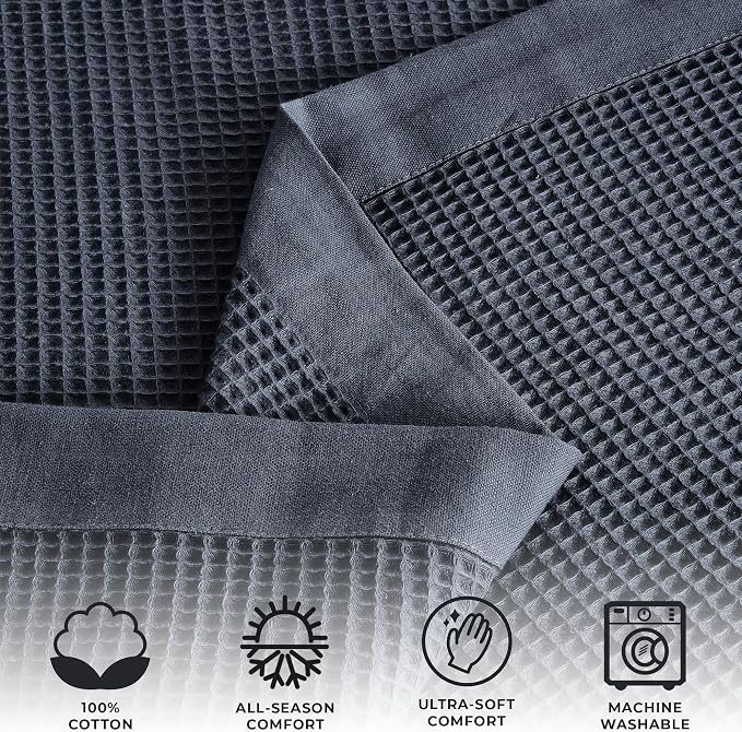 Great Bay Home 100% Cotton Blanket for Full/Queen Size Bed | Lightweight and Breathable Waffle Weave Blankets for Summer & Spring | Versatile, Layering Navy Bed Blanket, Ocean Blue, 90x90 inches