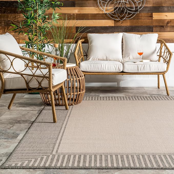 Nuloom Asha Light Grey/Ivory, 4' x 6', Casual, Striped Border, Soft and Cozy, High Traffic, Easy Clean, Durable Area Rug for Indoor/Outdoor Patio, Deck, Porch, Garden, Courtyard