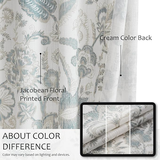 Kayne Studio Pinch Pleated Jacobean Floral Light Filtering Window Curtains Boho Botanical Leaf Printed Vintage Farmhouse Blue Grey Back Tab Window Treatment Set Living Room Bedroom,40"x84",2 Panels