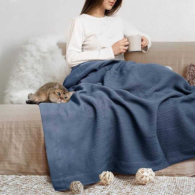 THREAD SPREAD Organic GOTS Cotton Blanket, Full/Queen - 350 GSM, Antistatic, Fuzzy Soft, Lightweight, Sofa, Camping & Travel, Perfect Herringbone All Seasons Throw, Medium Blue with Free Tote Bag