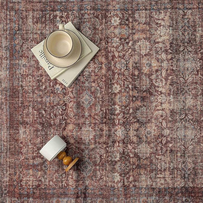 9x12 Red Washable Modern Area Rug Living Room Non Slip Low Pile Floral Extra Large Rug Vintage Traditional Stain Resistant Carpet Bedroom Office Indoor Playroom