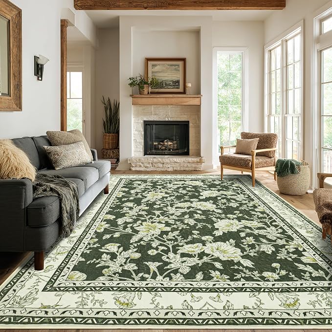 BILEEHOME Floral Area Rug for Bedroom 5x8 Olive Green and Cream Beige Vintage Boho Floral Sketch Style, Washable Low Pile Non Slip Area Rugs for Nursery Living Dining Room, Cozy Aesthetic Home Decor