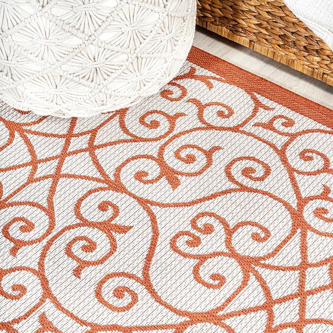 JONATHAN Y Vintage Filigree Indoor Outdoor Round Area Rug 5 Ft Cream/Orange, Madrid Textured Weave for Backyard, Patio, Porch, Easy-Cleaning, High Traffic, Pet-Friendly, Non-Shedding (SMB107L-5R)