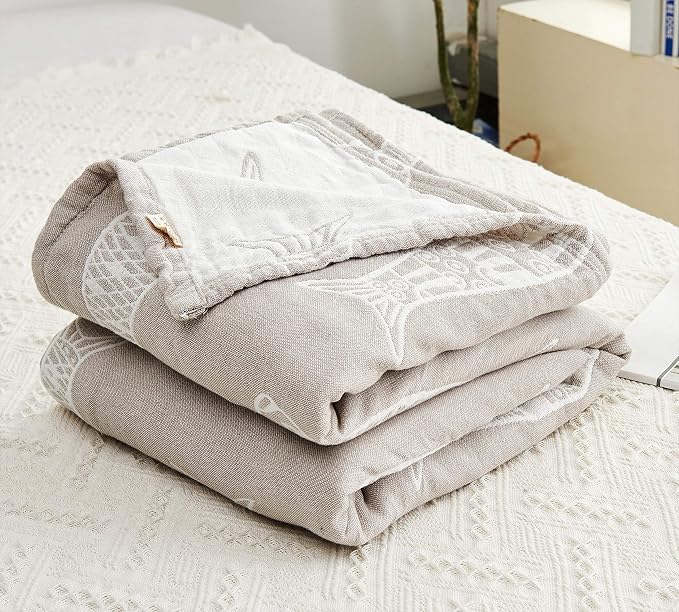 MEJU Fish Gray Muslin Lightweight Summer Blanket for Bed Sofa Couch 100% Combed Cotton 3 Layer Soft Warm Quick Dry Throw Blanket Bedspread Bed Coverlet Sheet Full Queen 80 in X 90 in