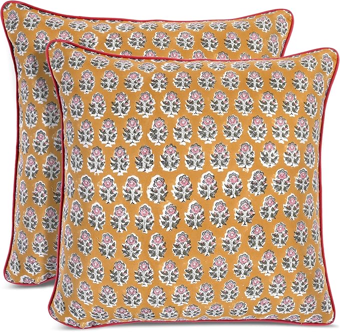 CPC 100% Cotton Throw Pillow Covers 16X16 Yellow Block Print Pattern Couch Pillow, Cute Boho Decorative Pillows for Living Room, Bedroom with Hidden Zipper- Yellow Citrine
