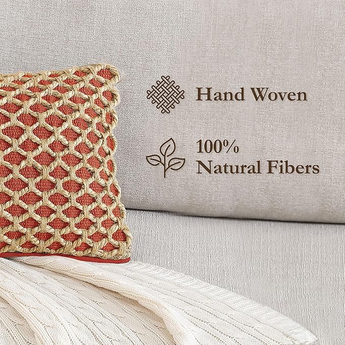 Boho Living Jada Premium Woven Design, Decorative Throw, Living Room Décor, (1) 12" x 20" Pillow Cover with Insert, Rust