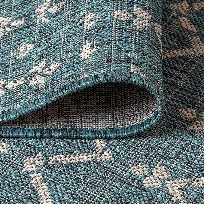 JONATHAN Y Moroccan Geometric Indoor Outdoor Round Area Rug 3 Ft Teal/Gray, Ourika Textured Weave for Backyard, Patio, Porch, Easy-Cleaning, High Traffic, Pet-Friendly, Non-Shedding (SMB108C-3R)