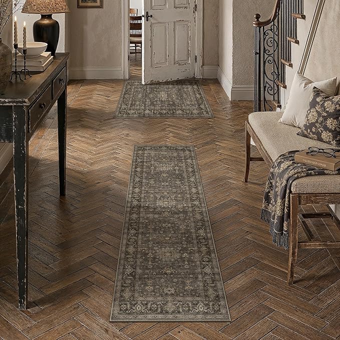 2 Piece Washable Kitchen Rug Set Vintage Brown Non Slip Low Pile Runner Mats Traditional Retro Soft Area Rugs for Hallway Bathroom Floor Sink Laundry Bedroom Entryway, 2x3 + 2x6