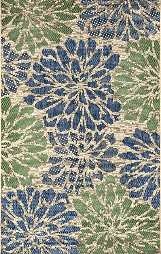 JONATHAN Y Floral Textured Weave Indoor Outdoor Area Rug 10X14 Navy/Green, Zinnia Modern for Backyard, Patio, Porch, Easy-Cleaning, High Traffic, Pet-Friendly, Non-Shedding (SMB110B-14)