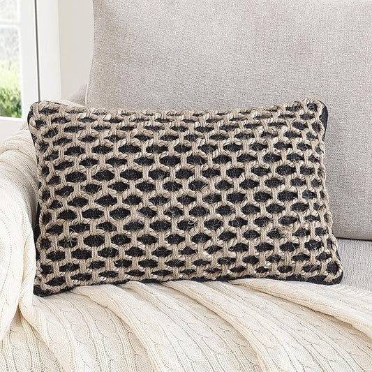 Boho Living Jada Premium Woven Design, Decorative Throw, Living Room Décor, (1) 12" x 20" Pillow Cover, Black