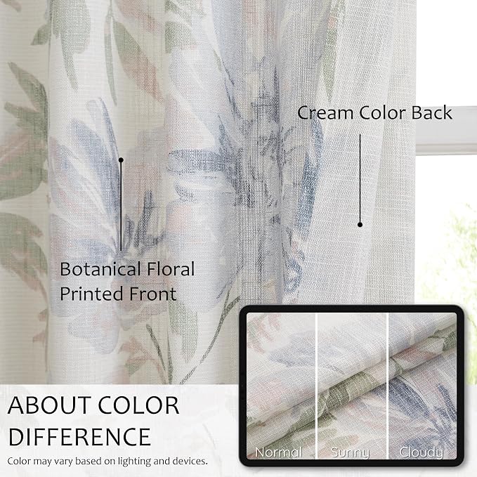 Kayne Studio Pinch Pleated Light Filtering Curtains Floral Semi Sheer Drapes for Living Room Bedroom 84 Inches Long Blue Flower Printed Botanical Pattern Back Tab Window Treatment Set,40"x84",2 Panels