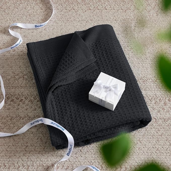 Bedsure 100% Cotton Blanket Full Size for Bed - Breathable and Soft for Summer, Thick Cozy Waffle Weave Blanket Gifts for Women, Black, 80x90 Inches