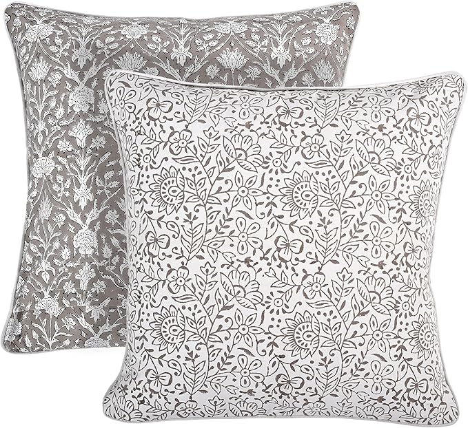 Ridhi Block Print Taupe Pillow Cover 18" x 18" (Pack of 2) Decorative Couch Pillows for Living Room, Chic Boho Cute Outdoor Pillows Covers Gifts for Spring, Easter and Valentine
