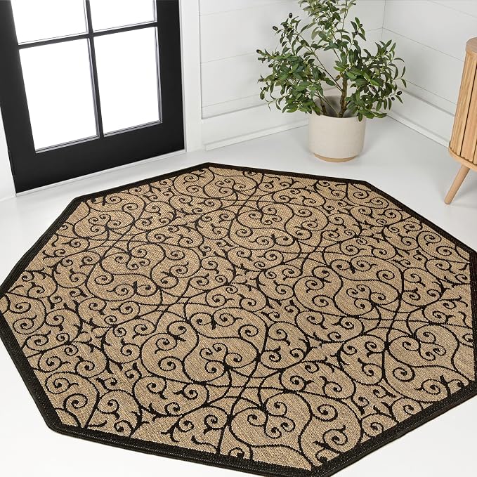 JONATHAN Y Vintage Filigree Indoor Outdoor Octagon Area Rug 5 Ft Black/Khaki, Madrid Textured Weave for Backyard, Patio, Porch, Easy-Cleaning, High Traffic, Pet-Friendly, Non-Shedding (SMB107A-5TGN)