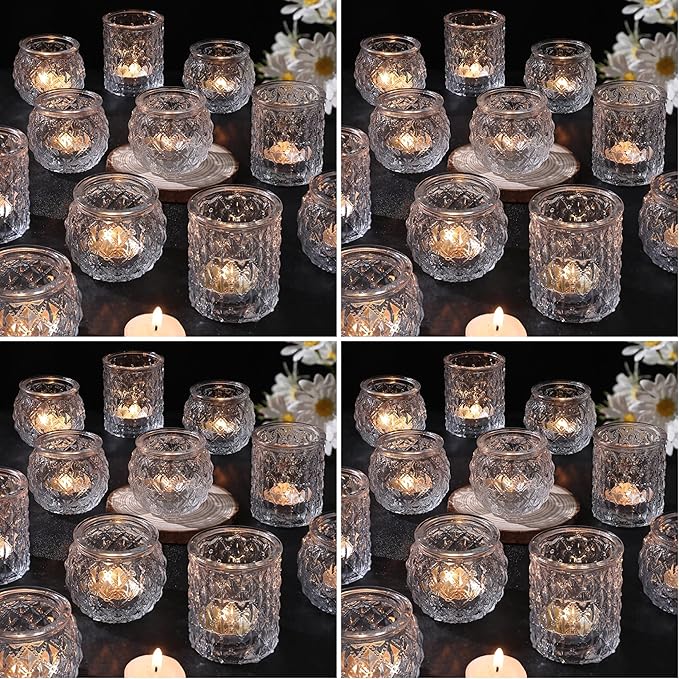 DARJEN Clear Votive Candle Holders Set of 24- Round Glass Candle Holders Bulk for Tea Light Candle, Embossed Candle Votives for Wedding Centerpiece, Various Parties & Home Decor (Pack of 4)
