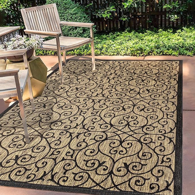 JONATHAN Y Vintage Filigree Indoor Outdoor Area Rug 5X8 Black/Khaki, Madrid Textured Weave for Backyard, Patio, Porch, Easy-Cleaning, High Traffic, Pet-Friendly, Non-Shedding (SMB107A-5)