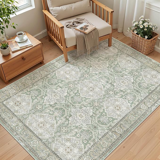 Soalmost 3x5 Rug, Small Area Rug for Kitchen, Entryway, Machine Washable Non-Slip Throw Rug, Vintage Carpet for Nursery Coffee Table Green/Brown